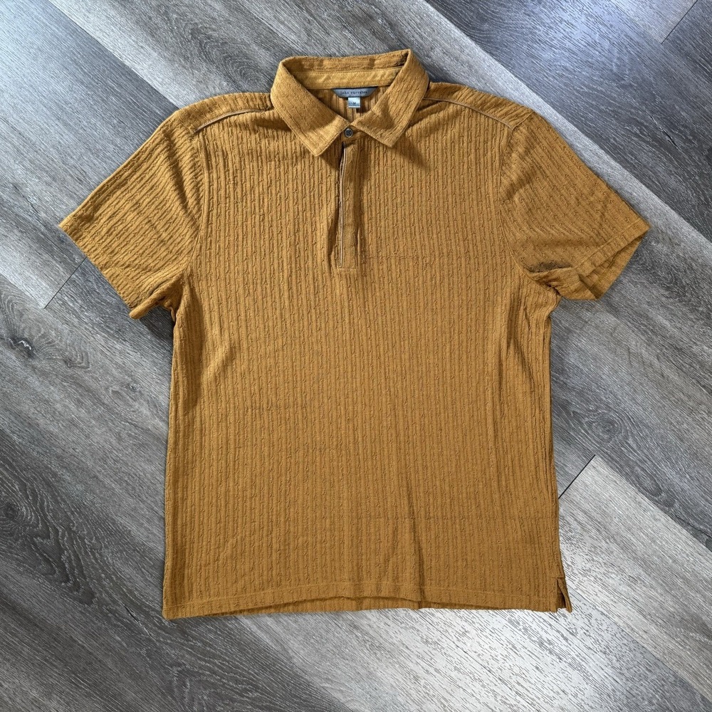 John Varvatos Men's Zion Jacquard Textured Open Collar SS Polo Shirt Sienna